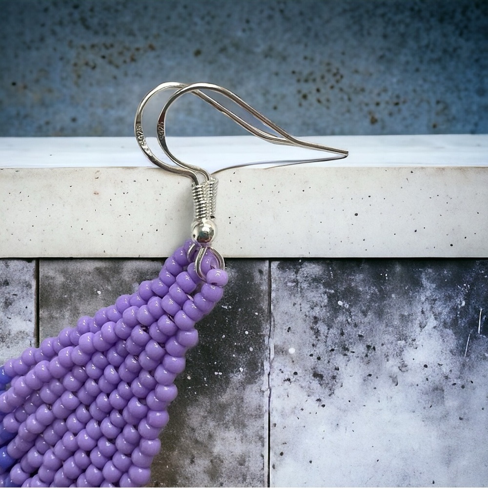 Handmade Seed Bead Beaded Earrings in Purple, Blue, and Turquoise 4.75” Long - Picture 4 of 4